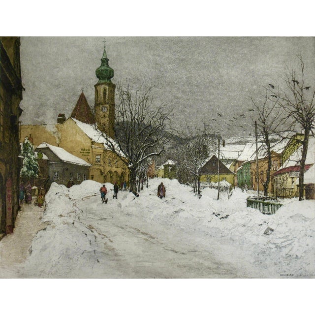 Realism Luigi Kasimir Grinzing, Snow Scene, Austria, Large Color Etching 1940 Original Print For Sale - Image 3 of 8