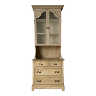 Antique French Country Style Painted Wood Cabinet With Glass Hutch & Marble Top Chest For Sale