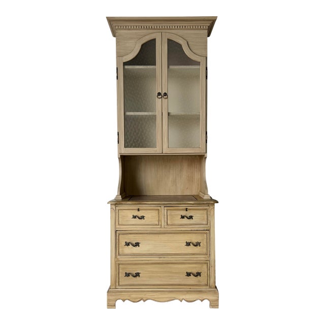 Antique French Country Style Painted Wood Cabinet With Glass Hutch & Marble Top Chest For Sale