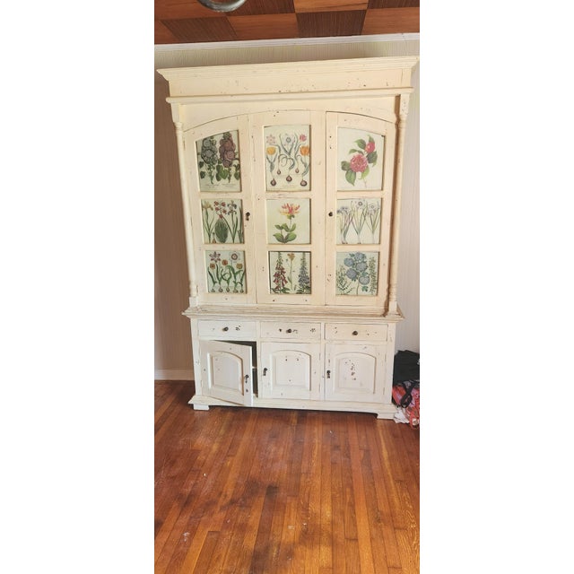 Distressed Antique White French Country Style China Cupboard Hutch With Shelves and Drawers For Sale - Image 10 of 10