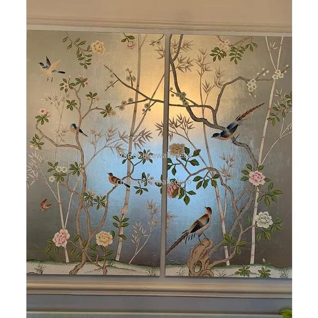 Chinoiserie Chinoiserie Hand Painted Wallpaper Mural - 2 Panel For Sale - Image 3 of 8