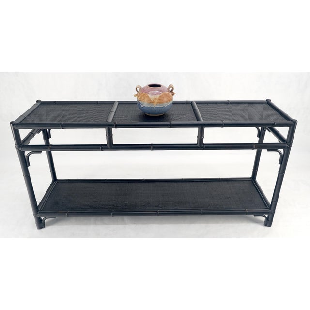 Black Lacquer Bamboo Rattan 60" Long Console Sofa Table Bloomingdale's MINT! For Sale - Image 12 of 14