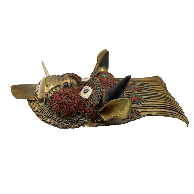 Vintage Tibetan Gilt Copper Jeweled Ritual Mask With Coral and Turquoise Inlay For Sale - Image 11 of 11