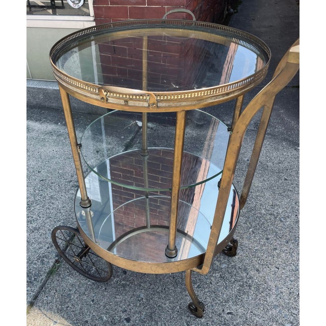 Art Deco Early 20th Century Italian Rotating Round Brass & Glass Bar/Desert Cart Trolley Removeable Tray For Sale - Image 3 of 12
