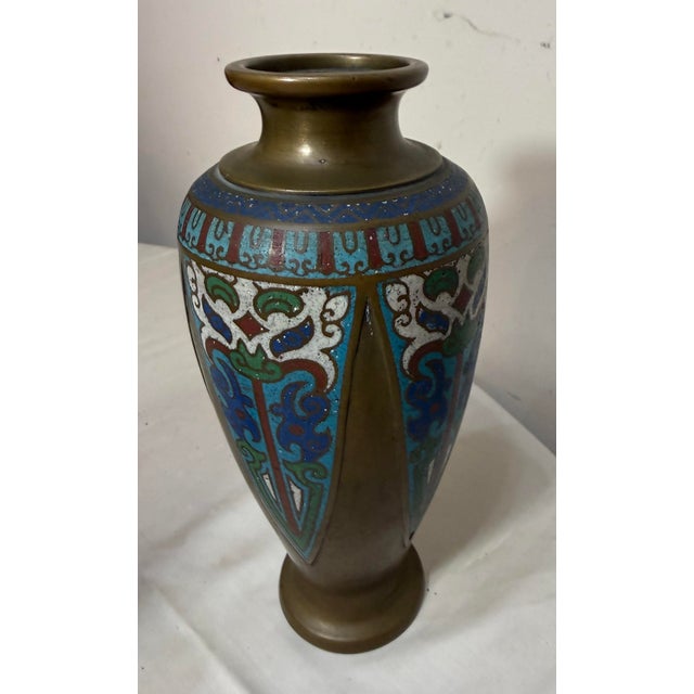 Japanese Quality Antique Japanese Bronze Enamel Champleve Cloisonne Urn Asian Vase For Sale - Image 3 of 9