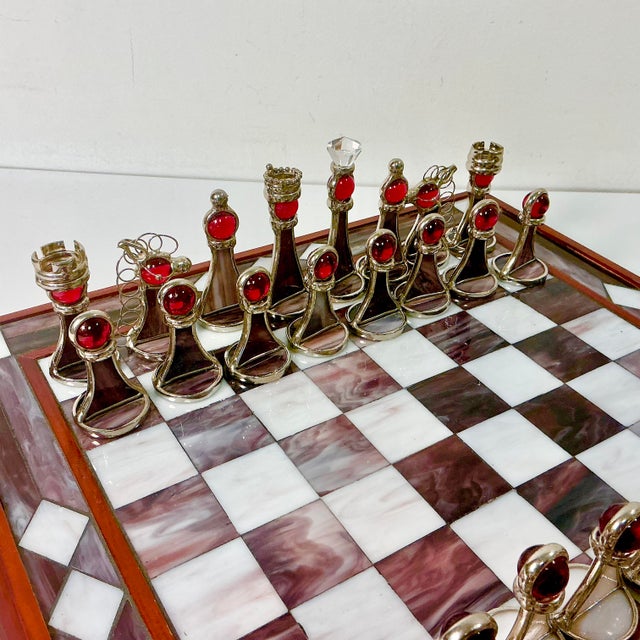 American 1950s Vintage Frank Lloyd Wright Arts & Crafts Boho Chic Stained Glass Chess Set - Set of 33, Atrributed For Sale - Image 3 of 18