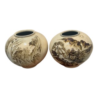 1980s Signed Asian Hand- Painted Scenic Vases | Moon Jars For Sale