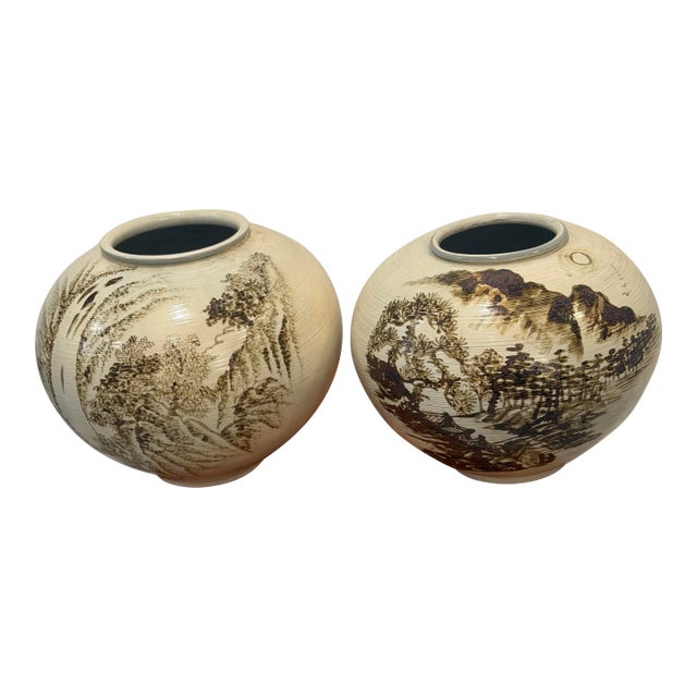 1980s Signed Asian Hand- Painted Scenic Vases | Moon Jars For Sale