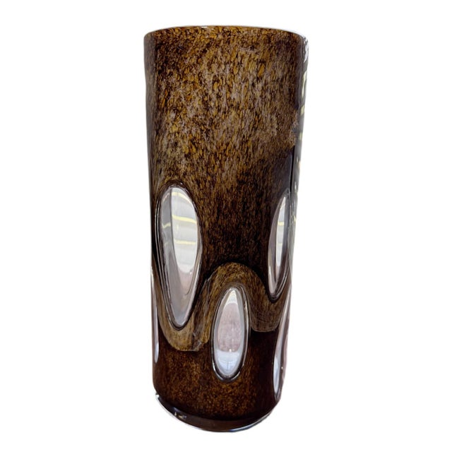 Vintage Encased Murano Art Glass Cut to Clear Vase in Amber & Brown Beautiful large art glass vase made of Encased glass...