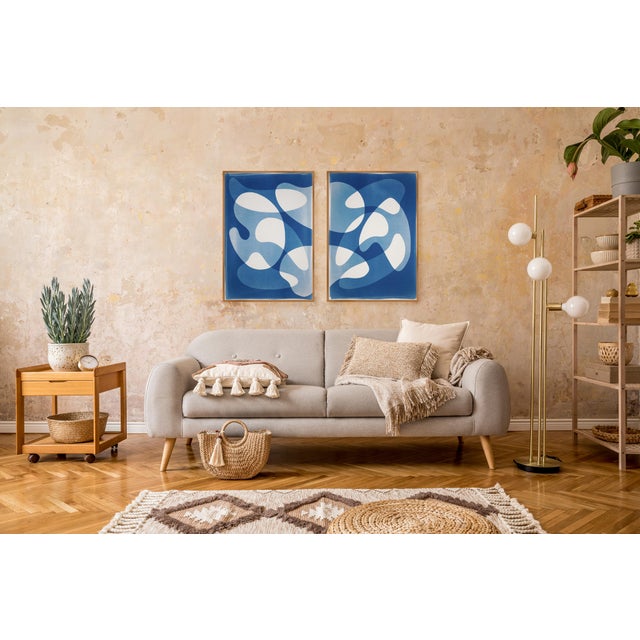 2026 Abstract Minimalist Modern Floating Shapes, Blue Tones Modern Diptych on Watercolor Paper by Kind of Cyan For Sale - Image 9 of 9