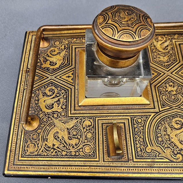 Victorian-Era Inkwell with Boulle Inlays in Ebonized Wood and Brass, Set of 8 For Sale - Image 12 of 16