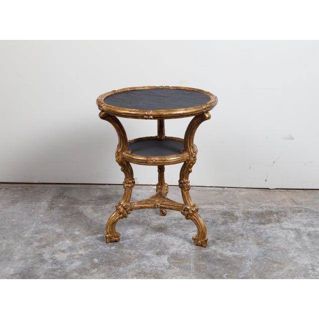 Italian Carved Giltwood Side Table with Slate Top, Shelf and Floral Motifs For Sale - Image 11 of 12