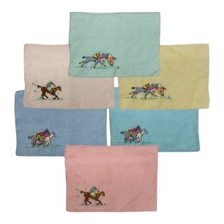 Vintage Handmade Embroidered Linen Polo Cocktail Equestrian Napkins – Set of 6 For Sale