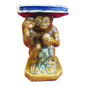 1960s Porcelain Monkey Stand Holding Persimmon Fruit Chinoiseries Style Palm Beach