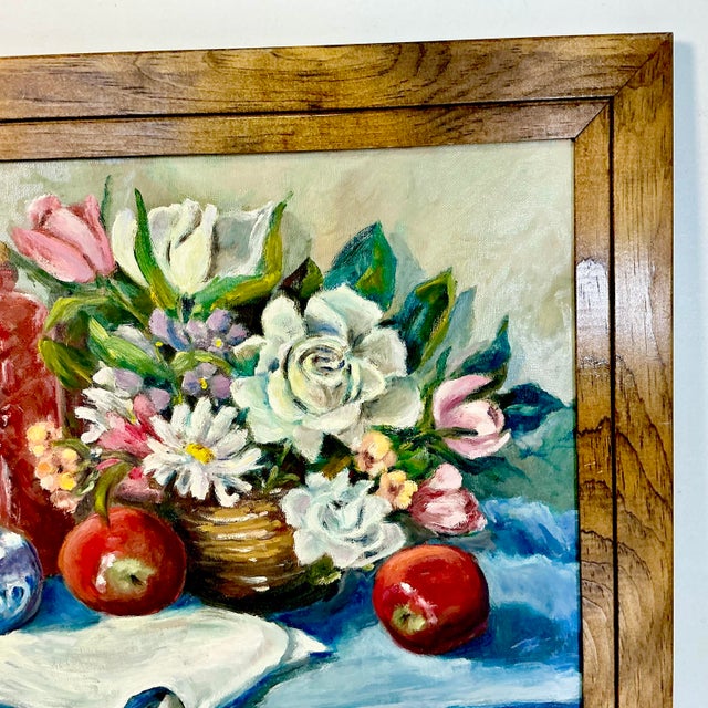 1960s Original Oil Painting Impressionist Red Bottle & Flora Still Life by Edith Weir For Sale - Image 6 of 13