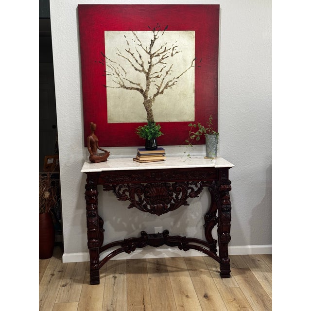 1990s Victorian Hand Carved Wood and Limestone Console Table For Sale - Image 10 of 12