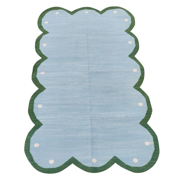Handmade Cotton Scalloped Rug Reversible Sky Blue and Forest Green Dhurrie-12'x15' For Sale - Image 9 of 10