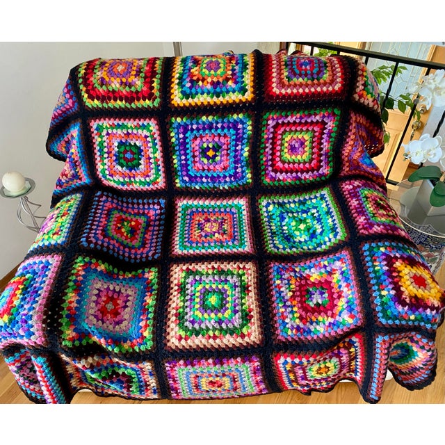 Abstract Black Granny Square Cottagecore Rainbow Afghan For Sale - Image 3 of 12