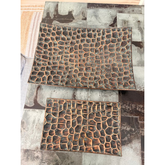 Contemporary Vintage Textured Faux Crocodile Copper & Verdigris Decorative Trays - Set of 2 For Sale - Image 3 of 8