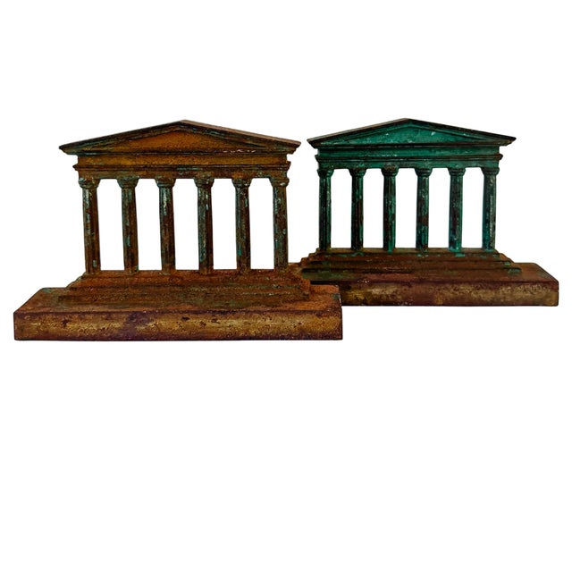 Striking pair of heavy cast metal Neoclassical temple facades modeled after a classical Greek or Roman Pantheon-style...