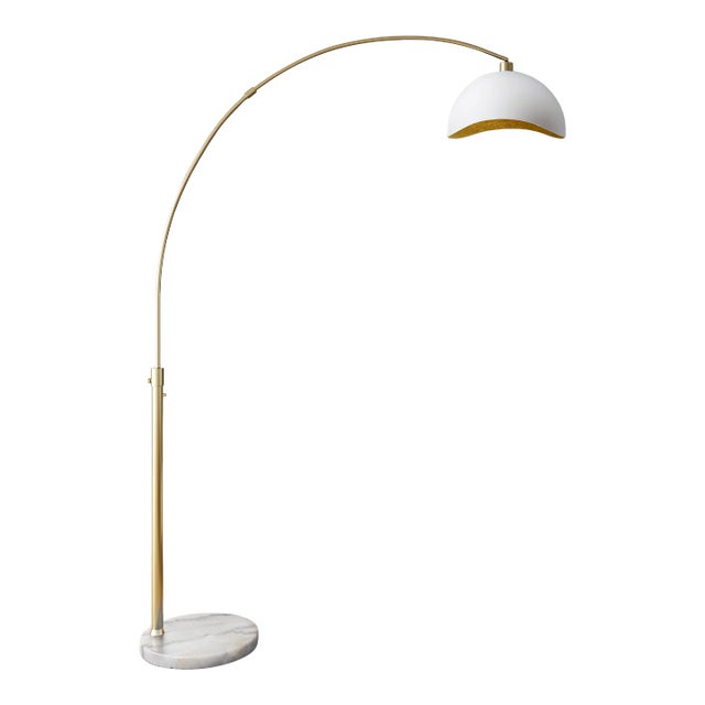 Luna Bella Arc Floor Lamp - 92", Brass, White/Gold Leaf Shade, Marble Base, Dimmer Switch For Sale