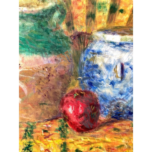Yoshio Aoyama, Japanese Fauvist Colorful Oil Painting Chinese Ceramic Jars with Fan and Apple, 1981 For Sale - Image 9 of 10