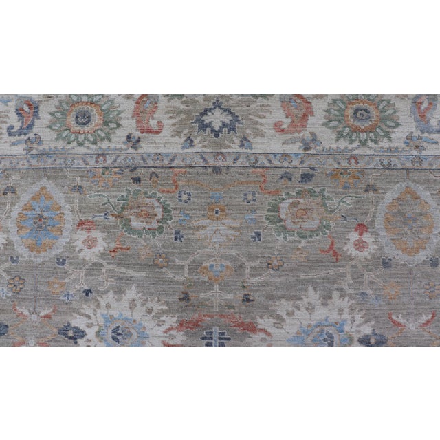 Modern Oushak Rug by Keivan Woven Arts, Muted Greens & Florals 9'0 X 12'4 For Sale - Image 12 of 15
