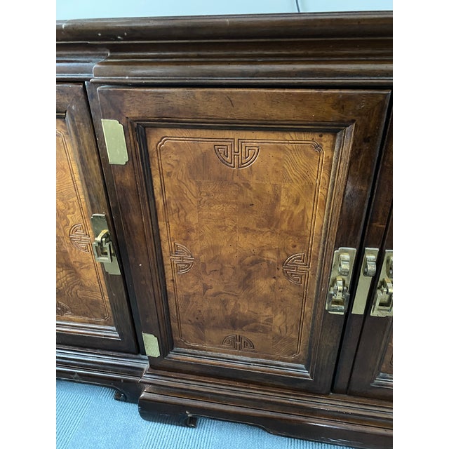 Wood 1990s Chinoiserie Wood Credenza With Brass Hardware and Burl Doors For Sale - Image 7 of 13