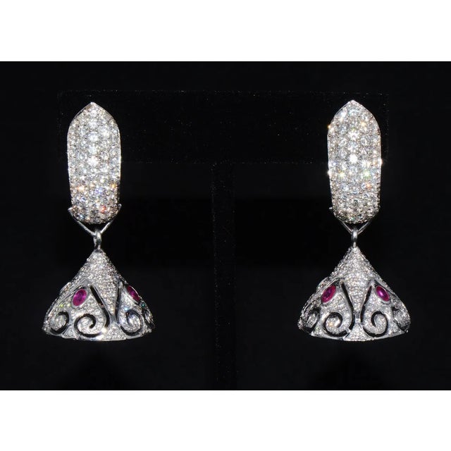 A Pair of Diamond Ruby 18K Solid Gold 3-IN-1 Chandelier Dangle Cluster Earrings For Sale - Image 4 of 10