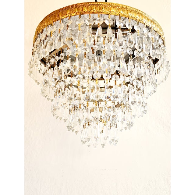 Vintage Hollywood Regency Style Crystal & Brass Flush Chandelier For Sale - Image 4 of 10