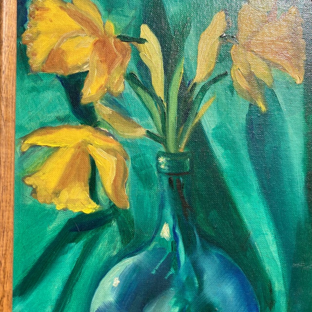 1950’s Original Daffodil Still Life Painting Original Wood Frame For Sale - Image 4 of 4