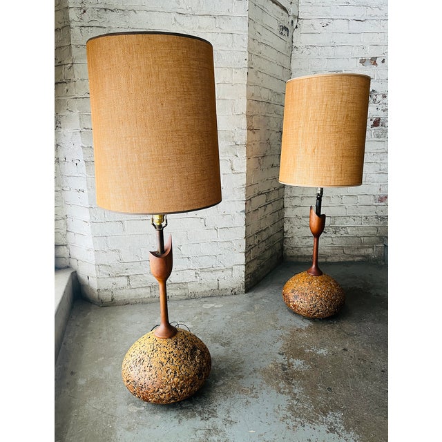 1970s Cork and Walnut Tulip Table Lamps Attributed to Adiran Pearsall For Sale - Image 12 of 13
