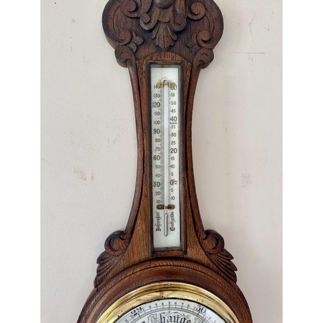 Antique Edwardian Carved Oak Aneroid Barometer, 1900s For Sale - Image 4 of 7