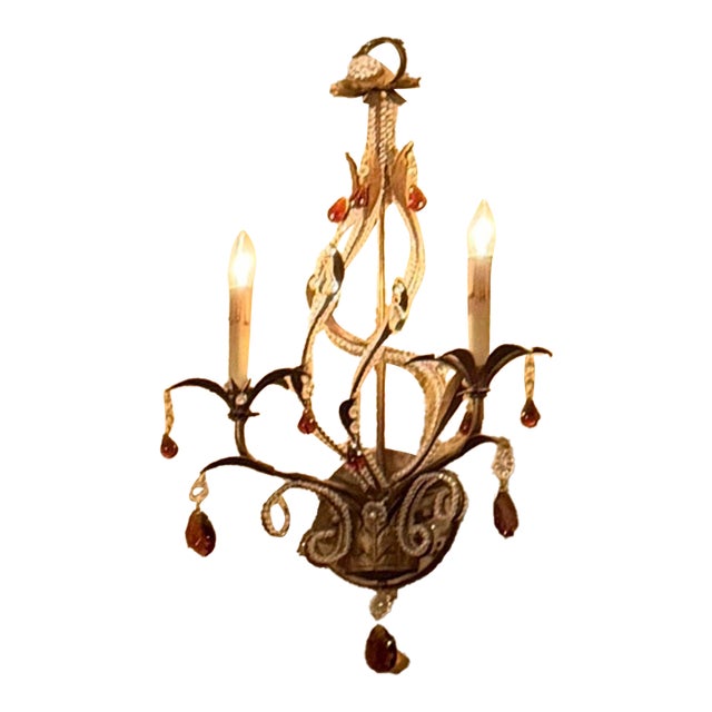 Pair of Currey & Company Isabella Wrought Iron & Crystal Wall Sconces – Rhine Gold For Sale