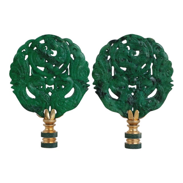 Dappled Jade Green Chinese Carved Stone Lamp Finials a Pair Chairish