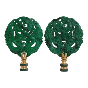 Dappled Jade Green Chinese Carved Stone Lamp Finials - a Pair
