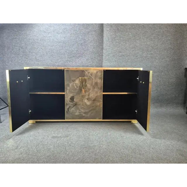 Glass Italian Sideboard Hand-Painted Marble-Effect Glass With 3 Doors For Sale - Image 7 of 11