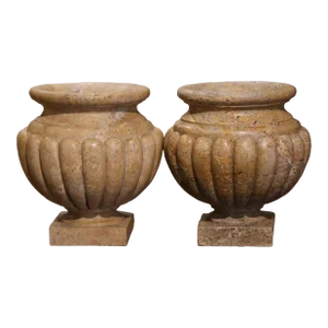 Mid-Century French Neoclassical Carved Marble Flute Urns - Set of 2