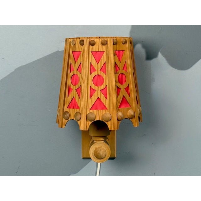 Swedish Modern, Wall Lights, Pine, Red Textile, Sweden, 1970s For Sale - Image 4 of 8
