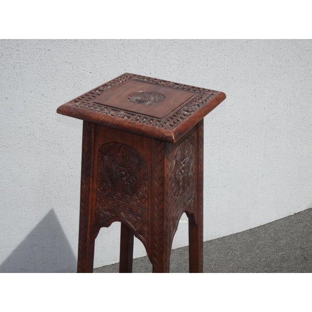 1950s Vintage Oriental Asian Solid Highly Carved Wood Brown Plant Stand Side Table For Sale - Image 5 of 10