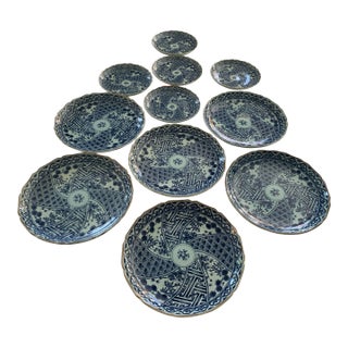 Vintage Blue Japanese Scalloped Porcelain Plates- 11 Pieces For Sale