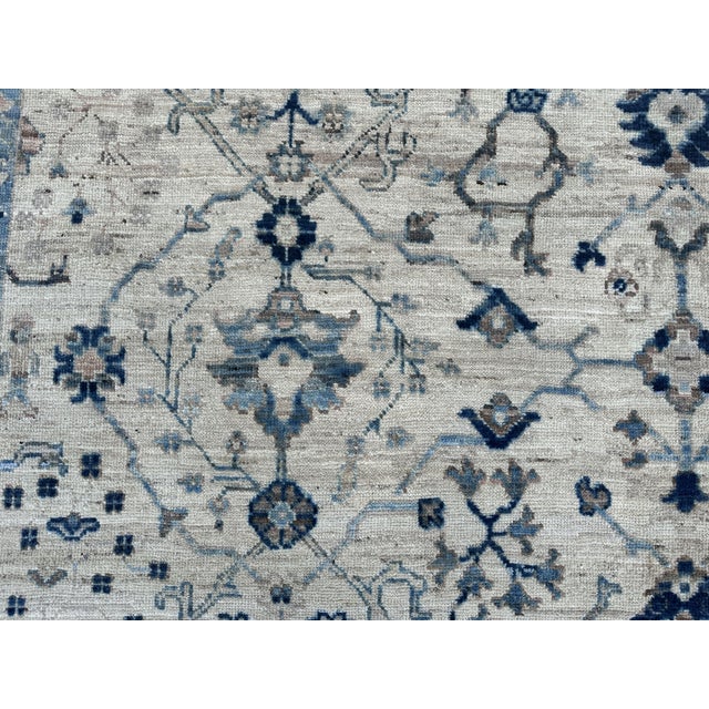 Oushak Handmade Wool Rug With Blue and Ivory Floral Design For Sale - Image 11 of 12
