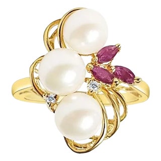 Freshwater Pearl, Ruby & Diamond Cluster Cocktail Ring 14k Yellow Gold, Size 7 For Sale