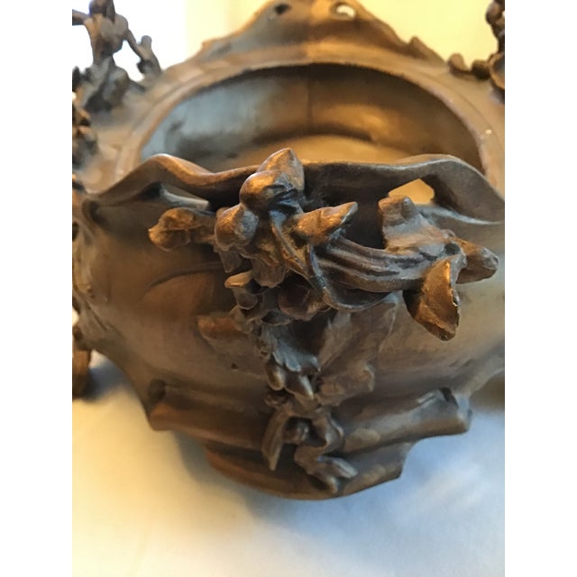 Antique Art Nouveau Metal Jardinière Planter Centerpiece, Cupid & Berry Vining Motif, Signed De Meyer, Removable Liner Included For Sale - Image 4 of 12