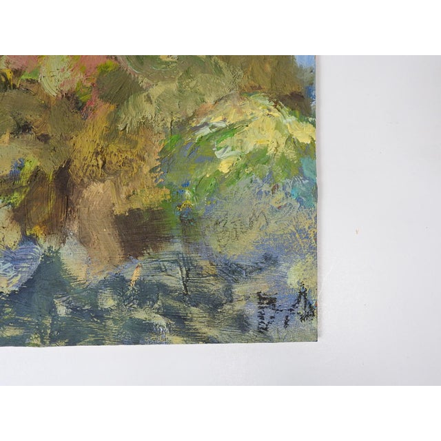 Contemporary oil on wood panel abstract impasto landscape painting by K. C. Bacon (20th, 21st c.) Washington. Signed,...