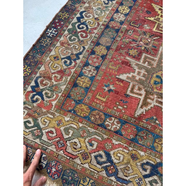 Antique Caucasian Leshgi Star with KINTSUGI Repairs Rug 3.8 x 5.6 For Sale - Image 9 of 11