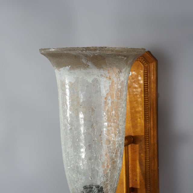 Pair Mid-Century Modern French Style Fleur-de-lis Crackled Glass Wall Sconces For Sale - Image 9 of 12