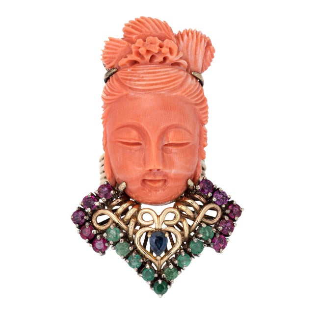 Guanyin Goddess Ring Carved Coral Gemstone Vintage 14 Karat Yellow Gold Cocktail size 8 For Sale