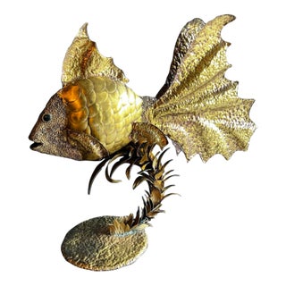 Large Vintage C1970s Brutalist Illuminated Brass Gold Fish Sculpture Attributed to Henri Fernandez For Sale