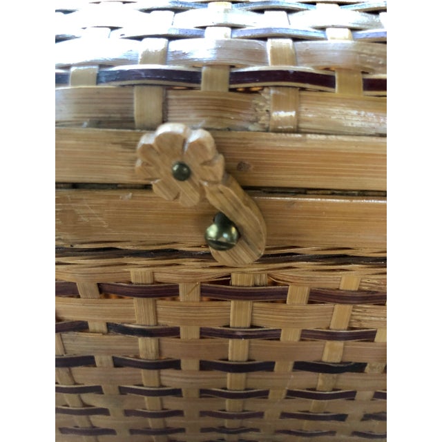Wood Vintage Natural Woven Bamboo Wicker Rattan Picnic Basket With Handles For Sale - Image 7 of 13